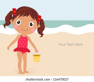  Cartoon funny summer little girl dressed swimsuit.