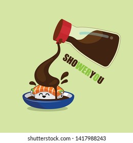 Cartoon funny sushi shower. Salmon sushi with chopsticks and pouring soy sauce into salmon fish isolated green background. Concept design sushi menu for japanese restaurant, cafe. Vector illustration.