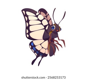 Cartoon funny swallowtail butterfly insect character with colorful, patterned wings and an endearing smile. Isolated vector cheerful butterfly personage with large, detailed wings and happy expression