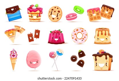 Caricatura divertida dulces, postres y personajes de panadería. Barra de chocolate kawaii vectorial aislada, tarta, helado y donut. Caramelos de algodón, langosta, pudding, galletas o wafer y personajes de macarón