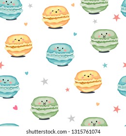 Cartoon funny sweets, macaroons print  seamless pattern. Vector illustrations