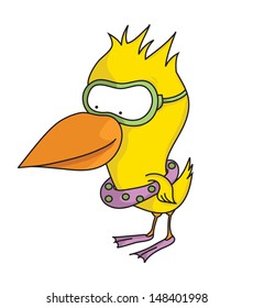 Cartoon funny swimming duck with diving goggles and swimming ring (vector)