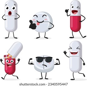 Cartoon Funny tablets, Pills and capsules, Healthcare and medicine, set of Cute characters, Isolated on white background