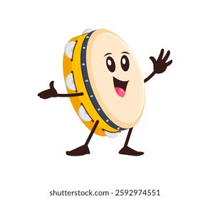 Cartoon funny tambourine musical instrument character. Isolated vector drum personage with cheerful face, expressive eyes and jingles in motion, radiating humor and energy while playing rhythmic music