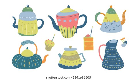 Cartoon funny teapot or coffee kettle collection for cafe or house kitchen decor. Simple pottery stickers