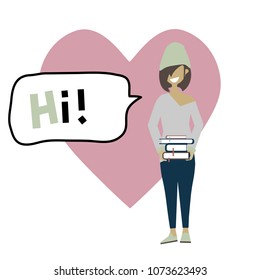 Cartoon funny teen girl or student character in casual clothes with books, hi and heart background. Cute girl isolated vector avatar