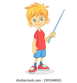 Cartoon funny teenager kid makes presentation with pointer. Vector illustration