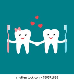 cartoon funny teeth holding tooth brush and holding hands