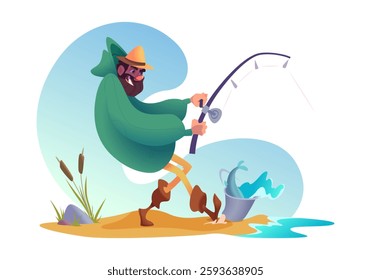 Cartoon funny tense bearded fisherman character in hat pulling out catch