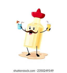 Cartoon funny tequila bottle character with cocktail on summer vacation. Isolated vector cheerful alcohol drink flask enjoying fresh juice. Funny personage with beverages. relax on sea beach or pool