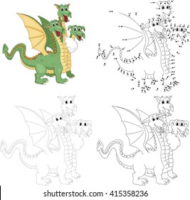 Cartoon funny three headed dragon. Dot to dot educational game for kids