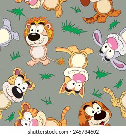 Cartoon funny tiger, cat, lion, rabbit, hare, dog, leopard. Seamless pattern.