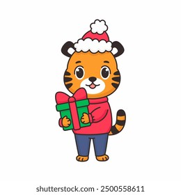 Tigre divertido de la historieta con el regalo de la Navidad y en el sombrero de Santa. Carácter animal lindo del bebé con el hocico amistoso sonriente. Ilustración vectorial del año Nuevo aislada en el fondo blanco