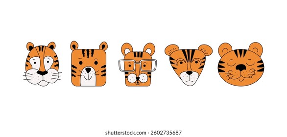 Cartoon funny tiger faces. Set wild animals. Options, emotions. Funny and sad. Drawings, doodle. Illustration on an isolated background.