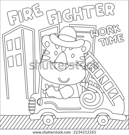 Cartoon of funny tiger firefighter on fire truck. Creative vector Childish design for kids activity colouring book or page.