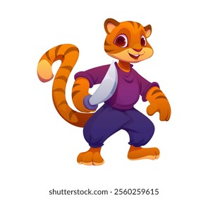 Cartoon funny tiger pirate animal character. Isolated vector swashbuckling, striped jungle cat personage wielding a gleaming saber, captures the whimsy and excitement of imaginary pirate adventures