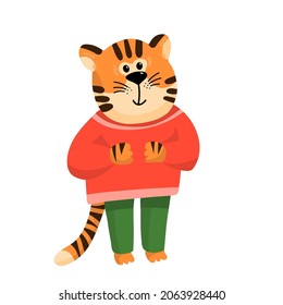 Cartoon Funny tiger in red sweater on white background. Tiger is symbol of 2022 New year. Vector illustration