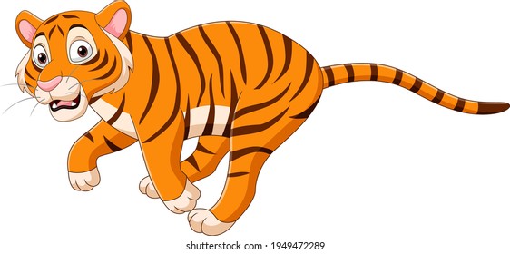 Cartoon Funny Tiger Running On White Background