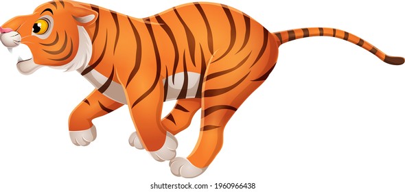 Cartoon Funny Tiger Running On White Background