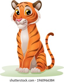 Cartoon funny tiger sitting in the grass