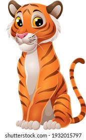 Cartoon funny tiger sitting isolated on white background