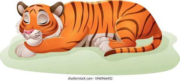 Cartoon funny tiger sleeping in the grass