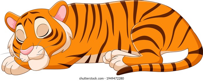 Cartoon funny tiger sleeping on white background