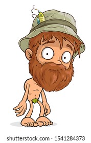 Cartoon funny tired fisher boy character in panama hat with beard. Layered vector for animations. Isolated on white background. Vector icon.
