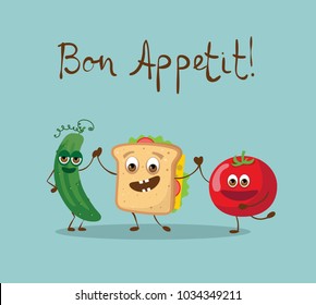 Cartoon funny toast and cucumber, tomato with hand drawn lettering - Bon Appetit