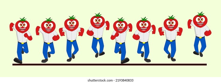 Cartoon Funny Tomato Run Cycle In School Dress Vector Illustration. Easy To Edit Ready To Use In 2D Animation, Motion Graphics, ELearning Videos, Animated Explanatory Clips