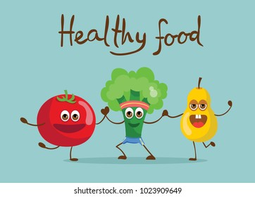 Cartoon funny tomato,broccoli and pear  with hand drawn lettering - Healthy food