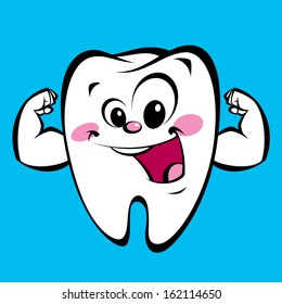 Cartoon funny tooth character showing how happy strong clear and without plaque it is