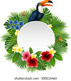 Cartoon funny toucan with blank sign on plant background