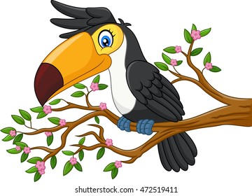 Cartoon funny toucan on a tree branch