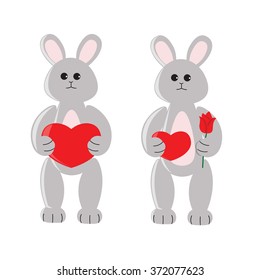 Cartoon funny toy rabbit with heart and rose