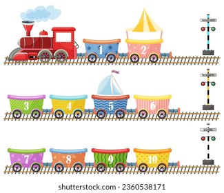 Cartoon funny train with numbers, red locomotive, long railroad. Concept of kid transportation, funny travel, happy children, cheerful trip. Preschool, kindergarten education. Vector illustration