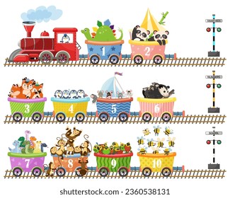 Cartoon funny train with numbers, various animals. Red locomotive, long railroad. Cute panda, smiling fox, glad possum. Concept of cheerful trip. Preschool, kindergarten education. Vector illustration