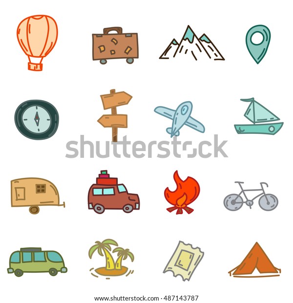 Cartoon funny travel\
doodles. Hand drawn objects and symbols. Vector illustration for\
backgrounds, web design, design elements, textile prints, covers,\
greeting cards.