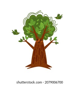 Cartoon Funny Tree Character. Happy Green Leafy Tree  With Smiles Face And Cute Birds. Hand Drawn  Mascot Vector Illustration Isolated On White. Flat Design