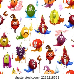 Cartoon funny tropical fruit wizards, mages, warlocks, magicians and sorcerers seamless pattern. Vector background of cute berry characters, fairy magic feijoa, fig and carambola, grape and lychee