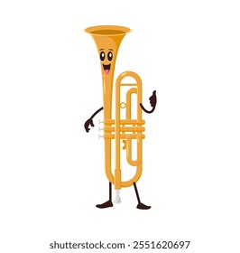 Cartoon funny trumpet musical instrument character. Isolated vector horn with happy face, wind instrument personage. Brass pipe for music school, educational classes for kids or concert performance