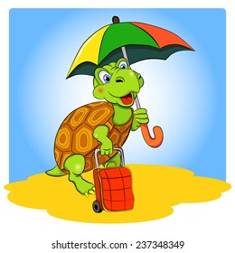 Cartoon funny turtle with an umbrella and a bag goes on vacation.