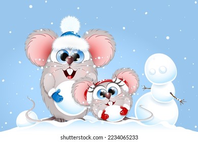 Cartoon funny two mice playing under winter snowfall and making snowman.