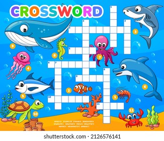 Cartoon funny underwater animals and fish crossword grid worksheet. Find a word quiz of sea wildlife. Vector puzzle game of dolphin, shark, octopus and whale, crab, shrimp, tuna and seahorse