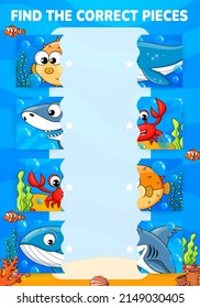 Cartoon funny underwater animals and fish, find a correct half game worksheet. Kids puzzle quiz, vector riddle of matching cute shark, whale, crab and pufferfish pictures on blue sea wave background