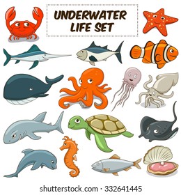 Cartoon funny underwater life animals colorful set vector illustration