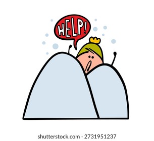 Cartoon funny unfortunate boy is stuck in a huge snowdrift, waving his arms, calling for help. Vector doodle  illustration of winter weather and a text bubble made of snow. A man in trouble.