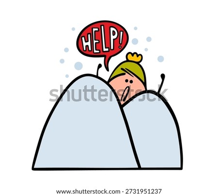 Cartoon funny unfortunate boy is stuck in a huge snowdrift, waving his arms, calling for help. Vector doodle  illustration of winter weather and a text bubble made of snow. A man in trouble.