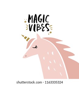 Cartoon funny unicorn art. Lettering poster and postcard. Vector illustration