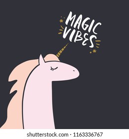 Cartoon funny unicorn art. Lettering poster and postcard. Vector illustration
